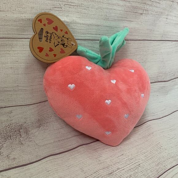 Pally Paws Pink Heart Shaped Strawberry Plush Dog Toy with Embroidered Hearts - Picture 2 of 12
